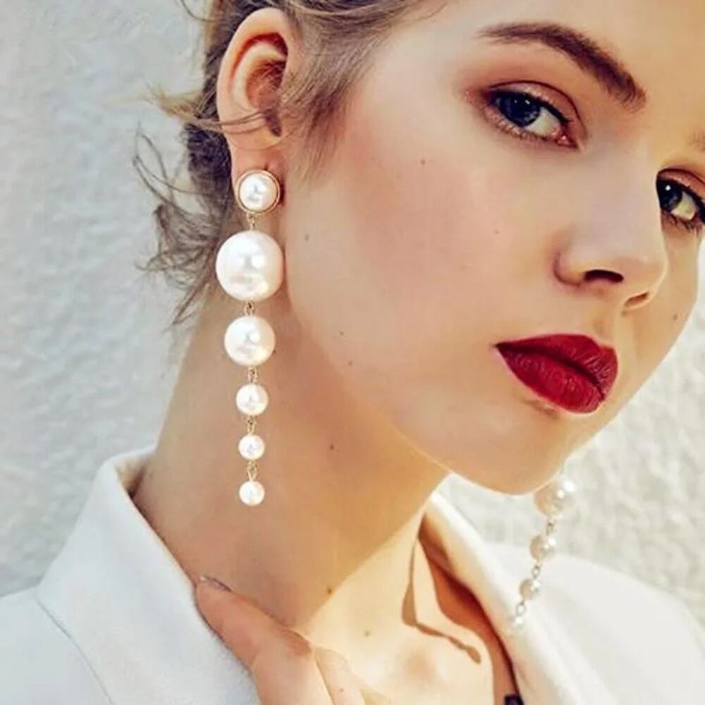 NEW Diminishing Faux Pearl Drop Earrings Party Large Glam